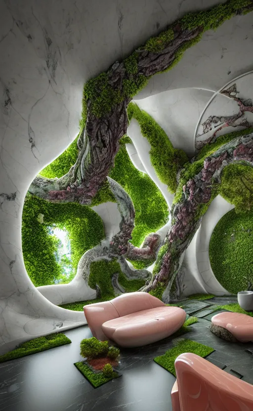 Image similar to highly detailed villa natural beautiful light interior soft cinematic composition of a smooth ceramic porcelain biomorphic magnolia stone nebula fluid sci - fi surreal colorful architecture landscape, furniture, granite, trees, marble, moss, lichen, fungi, vincent callebaut composition, mamou - mani, archviz, 8 k, unreal engine, hdr