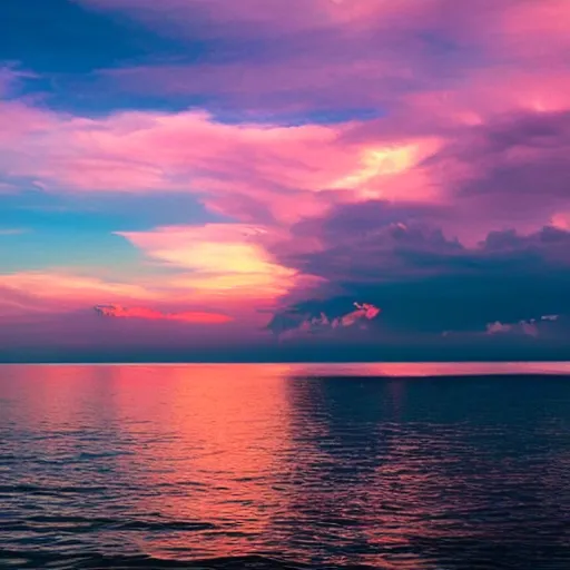 Image similar to blush colored sky with light pink clouds on a calm open ocean reflecting the sky dreamland