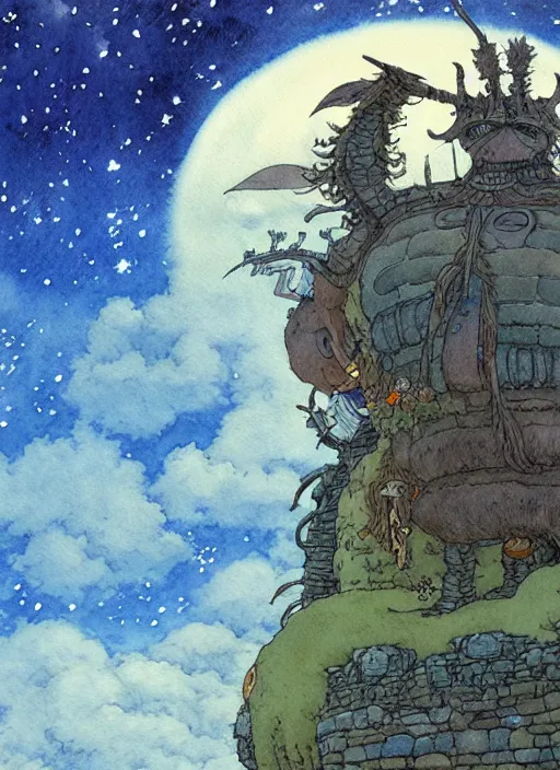 Image similar to hyperrealist studio ghibli watercolor fantasy concept art of a giant king kai from howl's moving castle sitting on stonehenge like a chair. it is a misty starry night. by rebecca guay, michael kaluta, charles vess