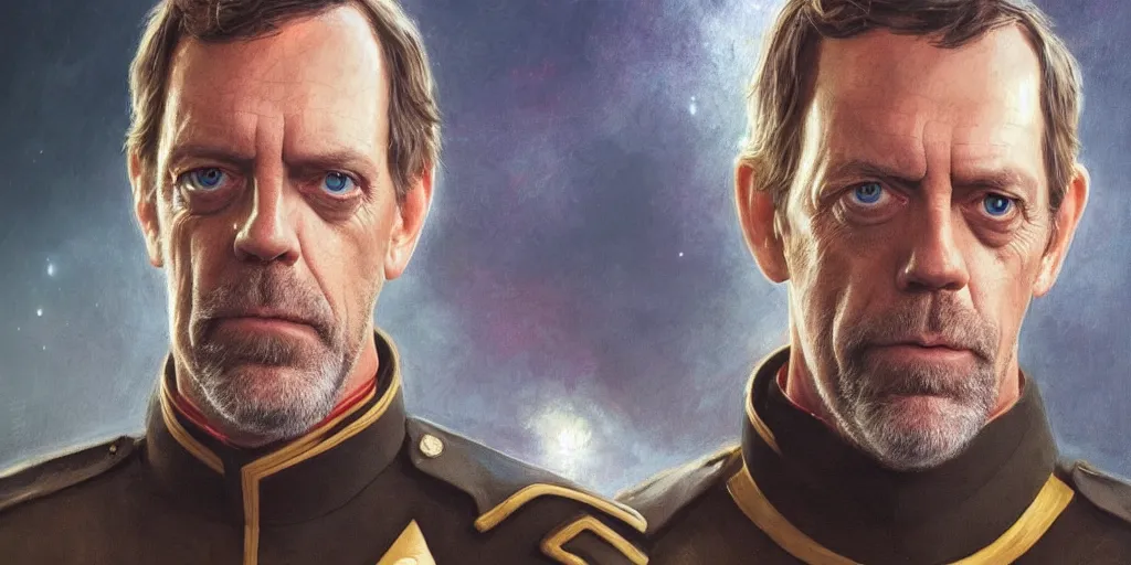 Image similar to portrait of Hugh Laurie wearing his starfleet captains uniform, close face shot, realistic character concept, high fantasy, light atmosphere, golden ratio, cinematic lighting, hyperdetailed, high resolution, insanely detailed and intricate, artstation, Marc Simonetti, Greg Rutkowski