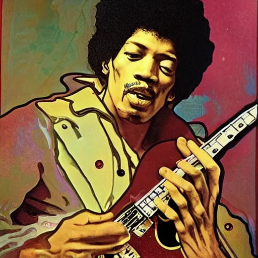 Image similar to Jimy Hendrix playing electric guitar by Alfons Mucha, masterpiece