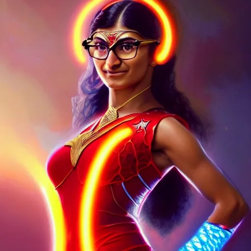 Image similar to mia khalifa as darna, wax figure, glowing eyes, volumetric lights, red and cyan theme, art nouveau botanicals, intricate, highly detailed, digital painting, artstation, concept art, smooth, sharp focus, cinematic, illustration, beautiful face, art by artgerm and greg rutkowski and alphonse mucha