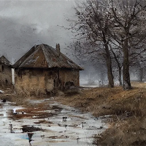 Prompt: painting by jakub rozalski of abandoned village