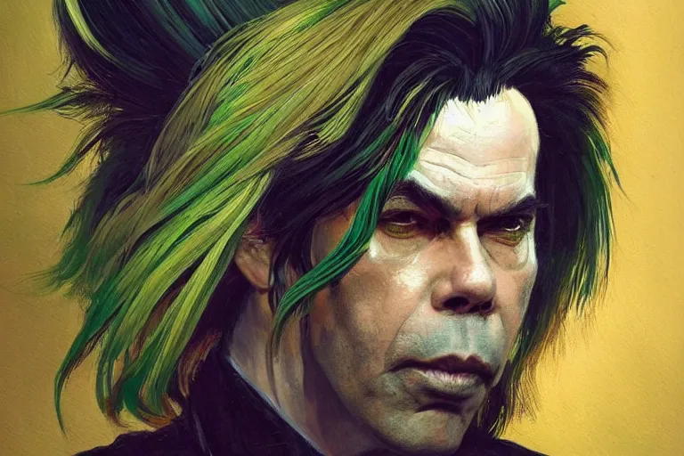 Image similar to a portrait of nick cave with green hair, masterpiece, dramatic lighting, stunning painting by jakub rebelka