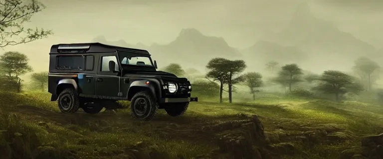 Image similar to Land Rover Defender 110 (1985), an epic fantasy, dramatic lighting, cinematic, establishing shot, extremely high detail, photorealistic, cinematic lighting, artstation, by simon stalenhag, The Elder Scrolls III: Morrowind, the Nerevarine drives across Morrowind, strange flora, strange fauna, Bull Netch floating around, Morrowind fauna prominent across the landscape