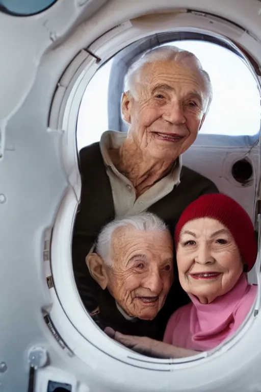 Image similar to photo of glamorous elderly couple in a spaceship with a window looking out to orbit