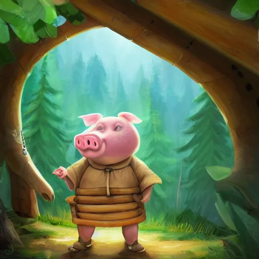 Prompt: a cartoonish anthropomorphic child pig is near a wooden hut in a mystical forest full of wonders, pine trees, magical atmosphere, trending on artstation, 30mm, by Noah Bradley trending on ArtStation, deviantart, high detail, stylized portrait