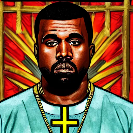 Image similar to illustration gta 5 artwork of holy saint kanye west, golden cross, in the style of gta 5 loading screen, by stephen bliss