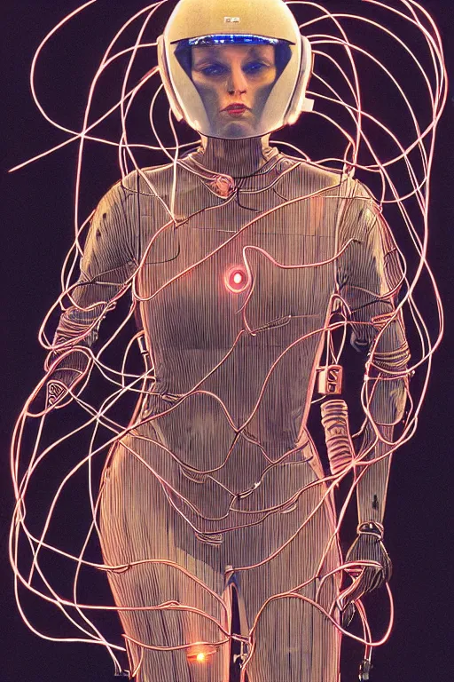 Image similar to A beautiful woman wearing a cybernetic helmet with many wires plugged into is and in her body by Moebius and Rahzzah