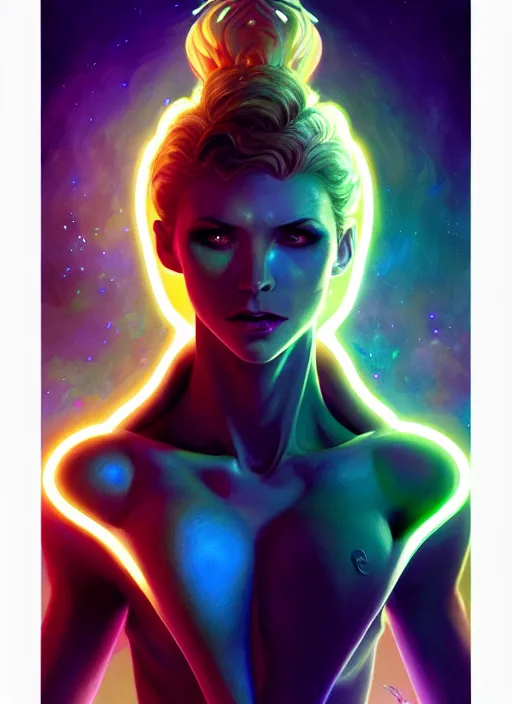 Prompt: a vampire faceless glowing liquefied stardust adventurer, dnd fantasy character, full body portrait, glowing neon skin, magical aura, ultra realistic, intricate, elegant, highly detailed, digital painting, artstation, smooth, sharp, focus, illustration, art by artgerm and greg rutkowski and alphonse mucha and dan mumford, sacred geometry