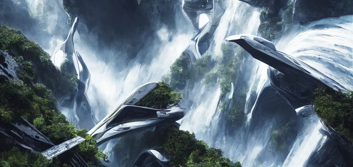 Prompt: a scifi spacecraft on top of a waterfall, zaha hadid design, beautiful landscape, environment, low angle view, hyper realism, concept art, low angle, high detail, volumetric, dramatic lighting, long shadows, ominous, misty, beautiful, by maxime bibi and jordan grimmer, breathtaking scene, cinematic, 8 k