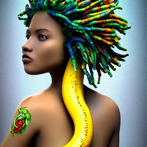 Image similar to photorealistic humanoid rasta banana. hyperdetailed photorealism, 1 0 8 megapixels, amazing depth, glowing rich colors, powerful imagery, psychedelic overtones, 3 d finalrender, 3 d shading, cinematic lighting, artstation concept art