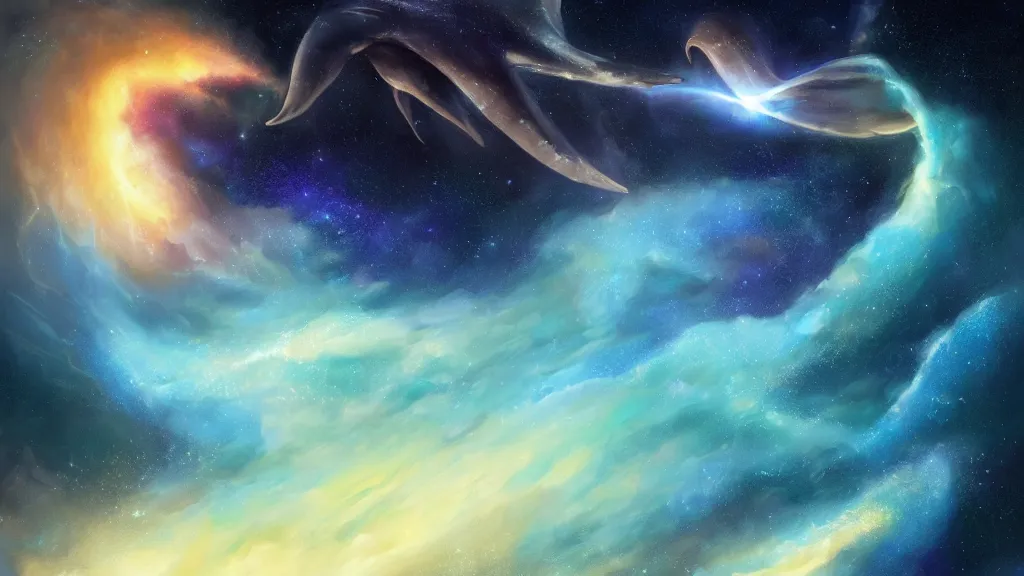 Image similar to Ethereal blue fire whale and dolphins flying through a nebula, star dust, cosmic, magical, shiny, glow,cosmos, galaxies, stars, outer space, stunning, by andreas rocha and john howe, and Martin Johnson Heade, featured on artstation, featured on behance, golden ratio, ultrawide angle, hyper detailed, photorealistic, epic composition, wide angle, f32, well composed, UE5, 8k