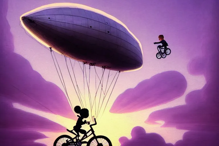 Image similar to kid rides a bicycle waving good bye to the airship at sunset, in the style of james jean, intricate and epic composition, purple by caravaggio, insanely quality, highly detailed, masterpiece, purple light, artstation, 4 k