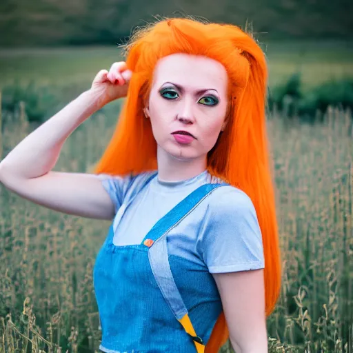 Image similar to misty from pokemon, orange hair in a side ponytail, wearing a yellow shiort sleeved crop top, blue denim short shorts with red suspenders on top, standing in a field, by gottfried helnwein, dslr full body portrait, sigma 8 5 mm f 1. 8