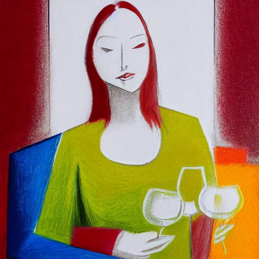 Prompt: a lady sitting in dramatic light in a cube shaped room with some wine on the side gestalt minimal red green blue yellow drawing sketch high resolution high sharp details texture oil painting 4k