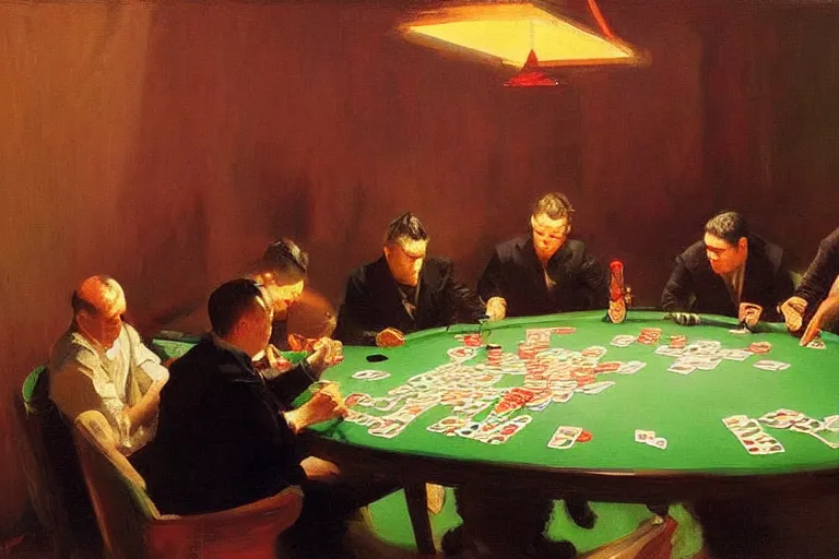 Prompt: ninjas playing poker, inside a tiny green room with red lights by joaquin sorolla, greg rutkowski, bill sienckiwicz, extremely detailed
