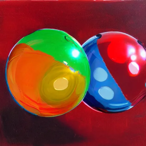 Prompt: chrome spheres on a red cube, fingerpainting