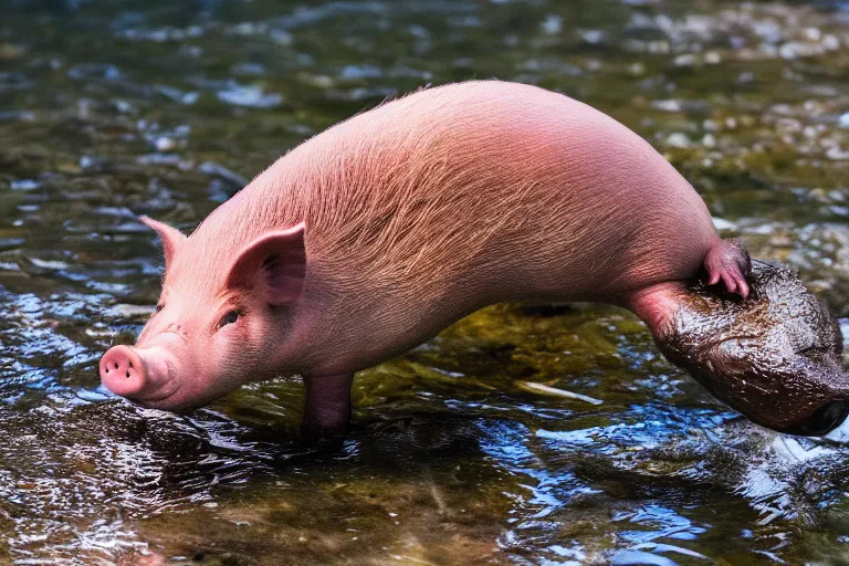 Image similar to a pig platypus!!! hybrid! hyper realistic!! realistic lighting!! wildlife photographer of the year!!! bold natural colors, national geographic, hd, wide angle, 8 k