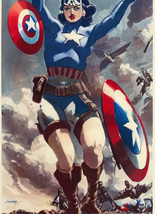 Image similar to beautiful female captain america standing on a pile of defeated german soldiers. feminist captain america wins wwii. american wwii propaganda poster by james gurney. anime. gorgeous face.