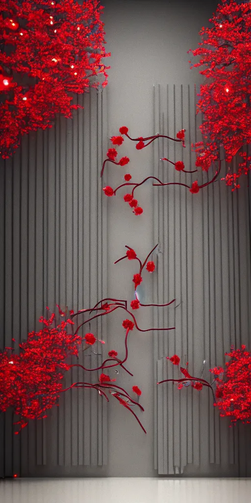 Image similar to 3 d photographic render of gate sculpture with red sakura flowers made of chrome, chrometype, made of liquid metal, neotribal with thorns and thunders, cyberpunk, raytracing, hyper realistic, volumetric lightning, 8 k, by zhelong xu and ouchh studio