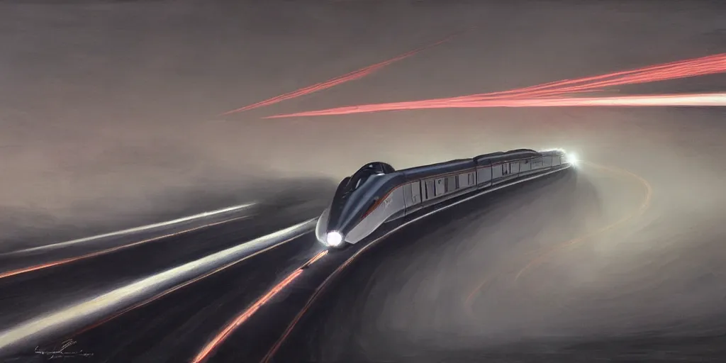 Prompt: highly detailed painting of powerful futuristic streamline train speeding. romanticism. extreme speed with headlight shining brightly into the fog. dramatic lighting. motion streaks.. vanishing point.