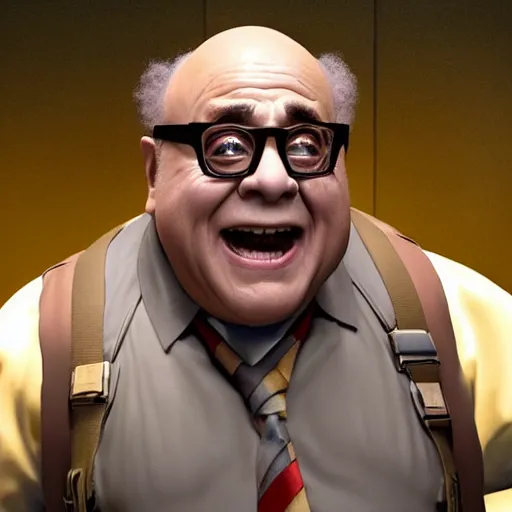 Image similar to hyperrealistic danny devito wearing ghostbusters outfit, stunning 3 d render inspired art by xiang duan and thomas eakes, perfect facial symmetry, hyper realistic texture, intricate, photorealistic, highly detailed attributes and atmosphere, dim volumetric cinematic lighting, 8 k octane detailed render, trending on artstation, masterpiece,