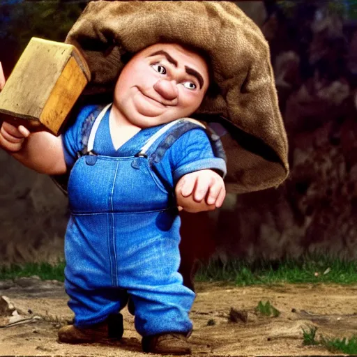 Prompt: a pudgy dwarf wearing blue overalls with a pocketful of gems holding a pickax, high resolution film still, HDR color, movie by Wolfgang Petersen and Peter Jackson