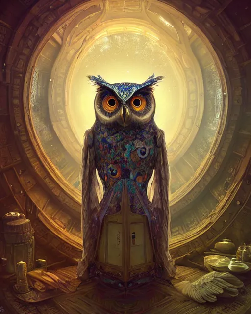 Prompt: anthropomorphic art of a timelord owl inside tardis, victorian inspired clothing by artgerm, victo ngai, ryohei hase, artstation. fractal papersand books. highly detailed digital painting, smooth, global illumination, fantasy art by greg rutkowsky, karl spitzweg, doctor who