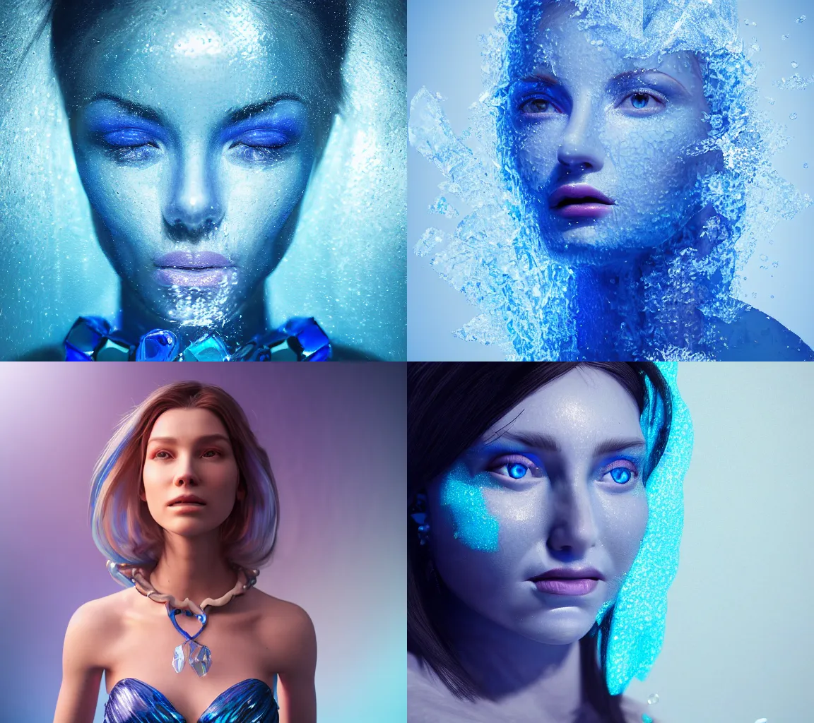 Prompt: Portrait, woman made entirely of translucent blue ice, purity, regal, silver and gemstones, refraction, volumetric lighting, dramatic lighting, ultrarealistic, 3D render, hearthstone, 8k ultradetail