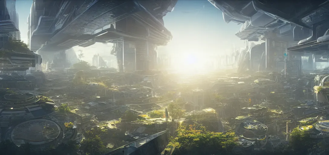 Image similar to ground view of a futuristic solarpunk city, light rays, symmetry, cinematic lighting, ultra detailed, sharp, ambient occlusion, bloom, raytracing, by greg rutowski, sebastian meyer and jordan grimmer