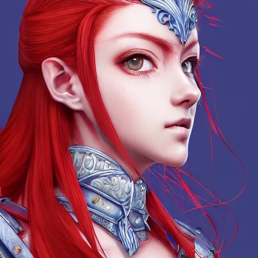 Image similar to a red haired female knight as an absurdly beautiful, elegant, young sensual anime girl, blue background, ultrafine hyperrealistic detailed face illustration by kim jung gi, irakli nadar, intricate linework, sharp focus, bright colors, matte, octopath traveler, final fantasy, unreal engine highly rendered, global illumination, radiant light, intricate environment