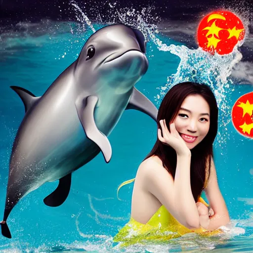 Image similar to a beautiful Chinese princess riding a dolphin, advertising photography, realistic photo, studio light