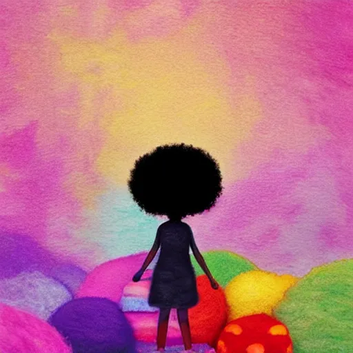 Image similar to a black girl with a colorful afro and rainbow eyes, in a candy forest! at night!, bokeh!!, bright colours, watercolor, volumetric wool felting, macro photography, children illustration, by goro fujita