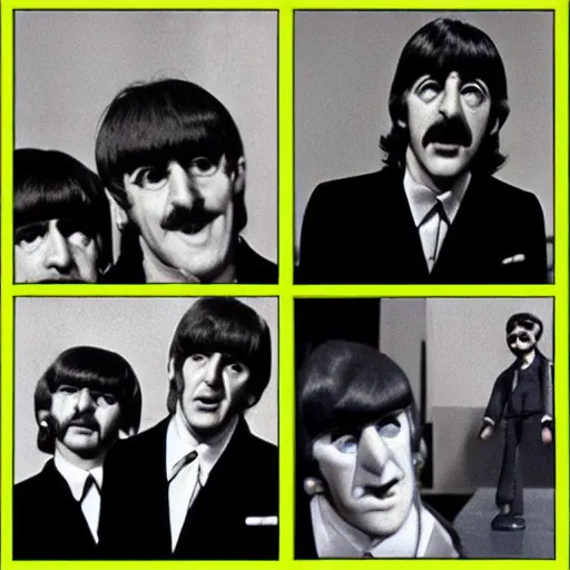 Prompt: stills from the beatles movie in puppets by gerry anderson, vintage film, 1 9 6 0 s