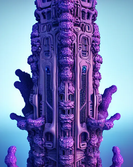 Image similar to detailed render giant alien greeble tower art nouveau rococo architecture carved out of complex mandelbulb with royal purple quartz rendered in cinema 4 d octane