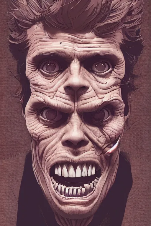 Image similar to willem dafoe, full body, big two toned eyes, teeth gritted, horror, intricate details, cinematic, epic, realistic, anatomy, tomer hanuka, uplight, artstation, photorealistic, scary