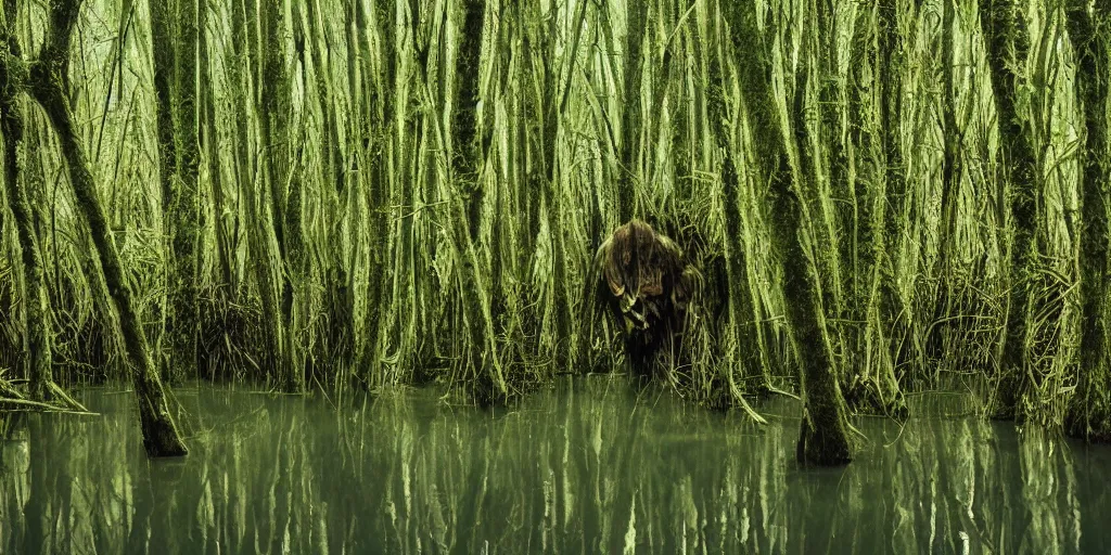 Prompt: A monster walking alongside a channel of water in a dense swamp, Kodachrome color film, grainy, film grain