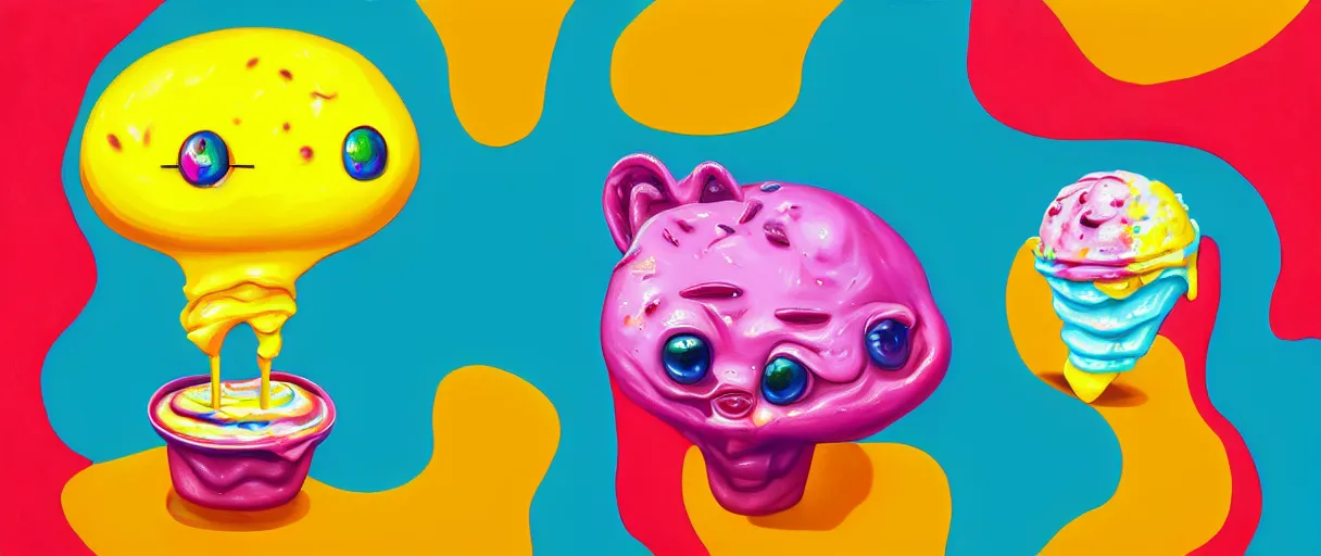 Image similar to hyperrealistic popart supercute melting! multicolored ice cream jason limon digital painting dramatic yellow lighting high angle hd 8k sharp shallow depth of field