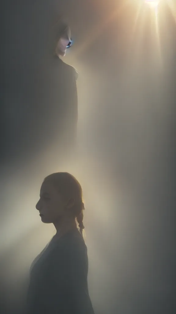 Image similar to very very beautiful photograph of emily skinner looking like annie leonhart standing next to a window god rays shining on her from the sunlight, volumetric fog, smoke, depth of field, beautiful composition, very very very beautifull face, on artstation and instagram