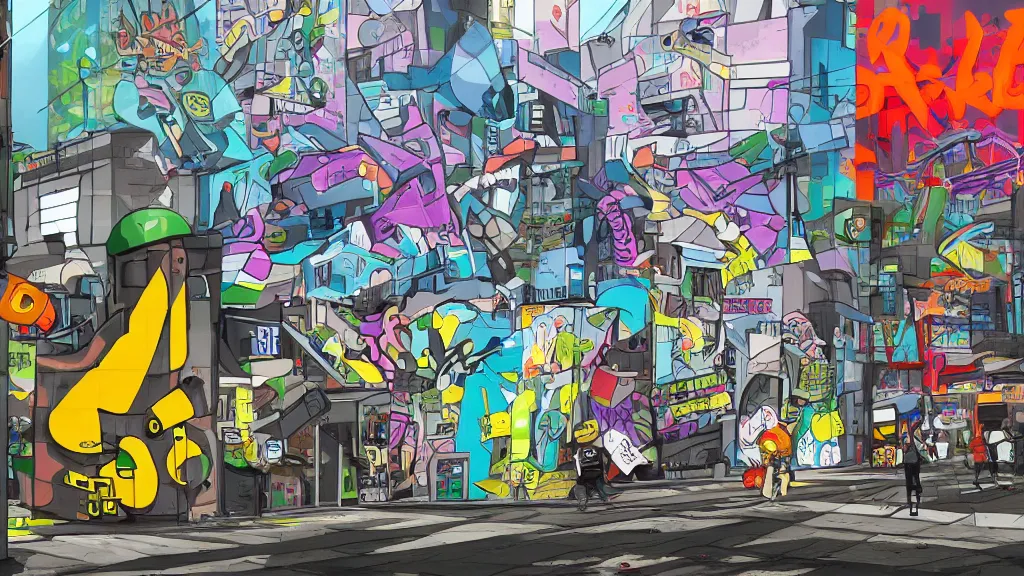 Image similar to y2k platform game, daytime, tokyo, robot, graffiti, city, cel shaded, jet set radio