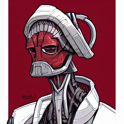 Prompt: an insectoid humanoid in diplomatic garb, crimson and white color scheme, sci fi character portrait by matt rhodes