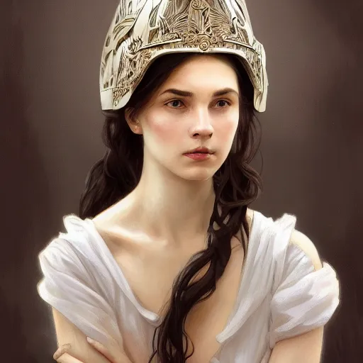 Prompt: portrait of a young woman wearing an elegant white dress and a knight helmet, scared, intricate, headshot, highly detailed, digital painting, artstation, concept art, sharp focus, cinematic lighting, illustration, art by artgerm and greg rutkowski, alphonse mucha, cgsociety