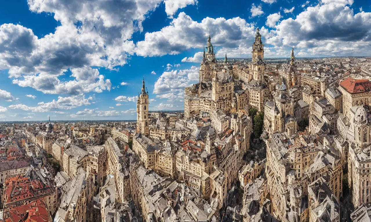 Image similar to highly detailed, intricate stunning image of an ornate baroque city landscape poking through the clouds into the bright blue sky : : 6, looking down from a balcony high up a tower : : 1 0, surrounded by higer baroque castle towers