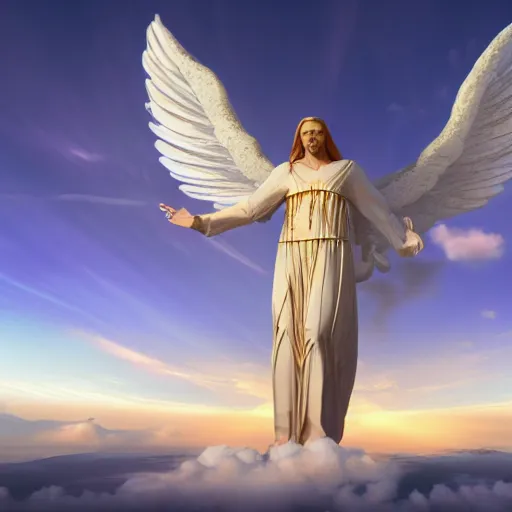 Prompt: gigantic biblical depiction of an angel towering over a vast landscape, cinematic, realistic, geometric white marble body, photorealistic, detailed, gold sky, global illumination, volumetric lighting, 8 k, god rays, beautiful, majestic clouds, soft colors, heavenly lighting