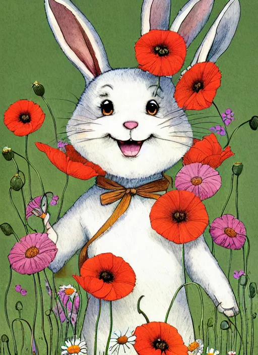 Image similar to a storybook illustration painting of a smiling happy cute rabbit wearing a flower crown, daisies and poppies, by antoine de saint - exupery and annabel kidston and naomi okubo and jean - baptiste monge. a child storybook illustration, muted colors, soft colors, low saturation, fine lines, white paper