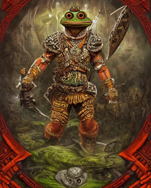 Image similar to digital painting of a gigantic aztec frog warrior wearing ornate armor by filipe pagliuso and justin gerard, symmetric, fantasy, detailed, intricate, portrait, sharp focus, tarot card, handsome, gwent