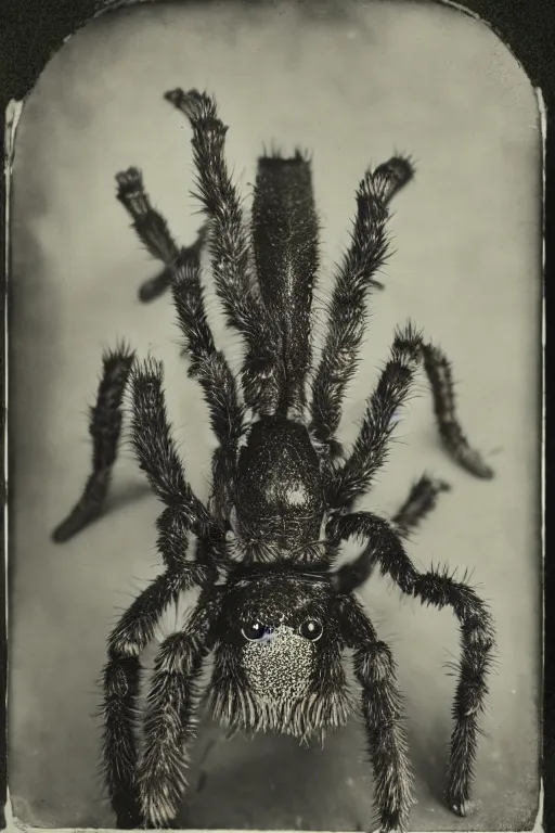 Image similar to a wet plate photo of an anthropomorphic tarantula king, wearing a crown