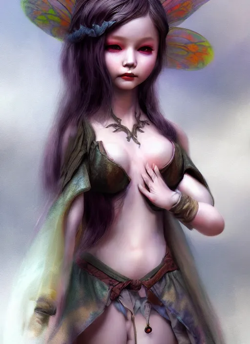 Image similar to high quality presentation photo of a detailed fairy doll, digital painting, artstation, illustration, concept art by hyung tae and frank frazetta, digital paint, matte paint, washed colors, dark, gloomy, foggy