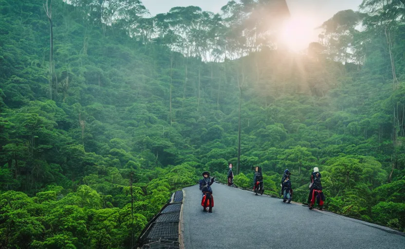 Prompt: Taiwan mountainous forests on the moon street photo, Khrushchyovkas, sunrise, flying scooters, long shadows, photorealistic, stunning, magnum photos 4k